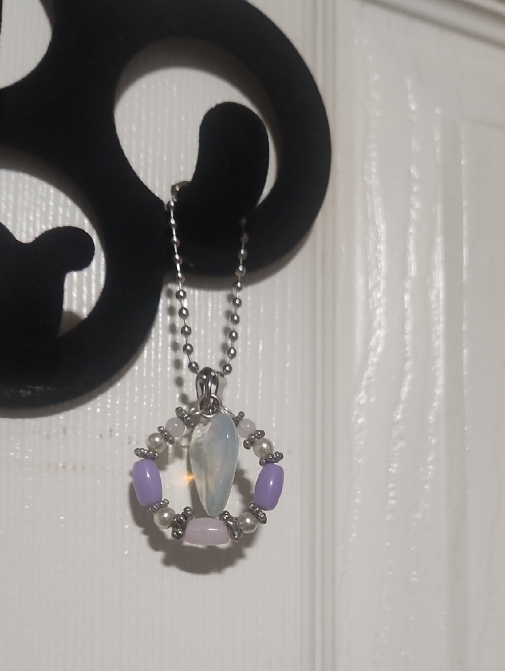 Opalescent Teardrop Pendant Necklace with Lavender Accents - Silver Tone